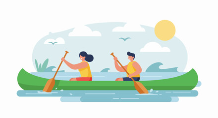 Couple Canoeing on a Sunny Day: Man and Woman Enjoying an Outdoor Water Activity in a Natural Landscape.