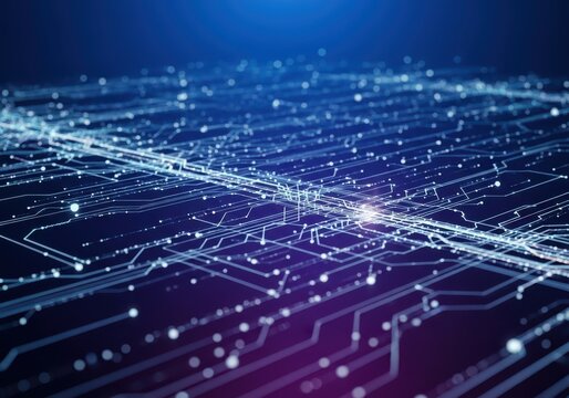 Futuristic Digital Circuit Board Network with Glowing Data Lines and Technology Connections
