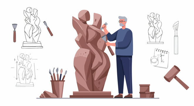 Senior man sculpting an abstract stone artwork, surrounded by carving tools and design sketches, illustrating the creative process and dedication of an artist.