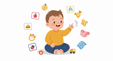 Happy toddler points to a playful assortment of everyday objects and toys, symbolizing curiosity, learning, and imaginative childhood exploration.