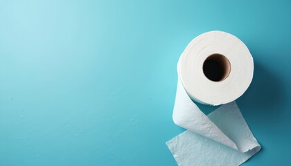 One white toilet paper roll rests on a bright blue surface. The paper is partially unrolled, revealing a textured sheet. Copy space is available on the left side of the image.