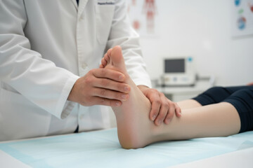 A close-up view of a medical professional's hands examining and massaging a patient's bare foot to check for injury or pain.