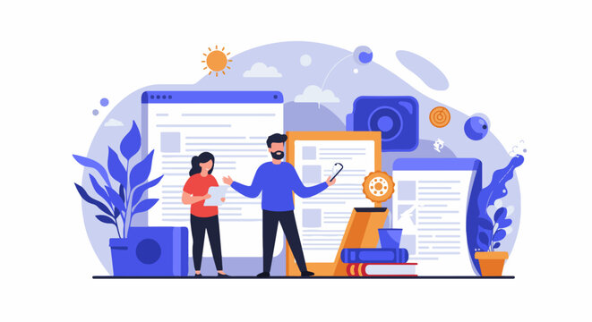 Digital content creation and business strategy collaboration. Two professionals work on web development, marketing, or education, surrounded by elements of online learning and office productivity. - Powered by Adobe