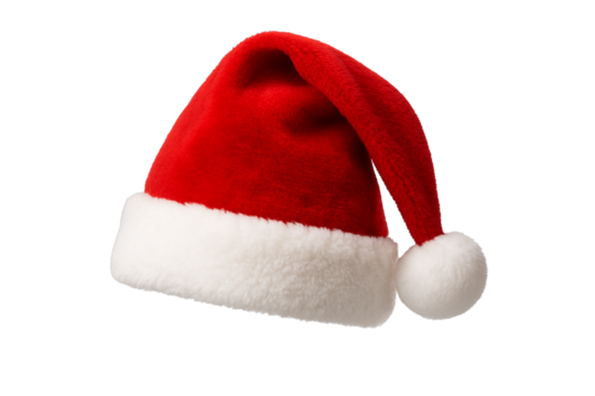 This is a close-up studio photograph of a classic Santa Claus hat. The hat is made of bright red plush or velvet material, featuring a white fluffy trim around the base and a prominent white pom-pom