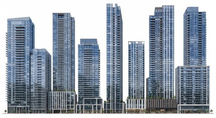 Fototapeta premium Modern High-Rise Apartment Buildings Row Isolated on White Background, Skyscraper, Architecture, City