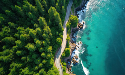 Aerial view of winding road through green forest next to blue ocean sea. Rocky coastline meets turquoise water with white waves crashing on shore.