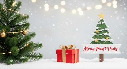 Merry Feast Party Christmas Scene with Snow and Gifts, Holiday, Season, Winter
