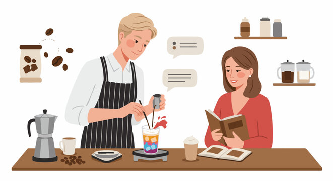 Barista crafting a vibrant iced coffee for a customer reading a book, showcasing a modern coffee shop experience with fresh ingredients and delightful beverages.