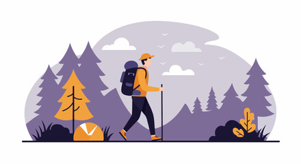 Fototapeta premium Hiker Exploring Nature: Flat Illustration of a Person with Backpack and Trekking Pole in a Stylized Forest Landscape with Tent and Trees.
