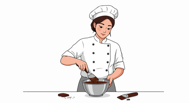 Female pastry chef mixing rich chocolate batter in a bowl, preparing delicious desserts and sweets, illustration.