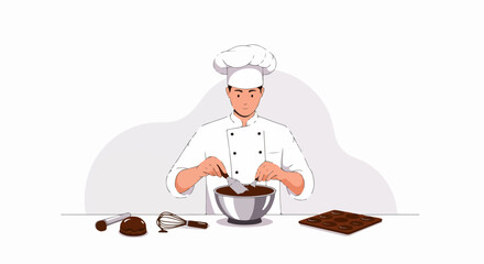 Professional chef mixing melted chocolate in a bowl, preparing delicious homemade desserts and confections with baking tools on a clean white background.