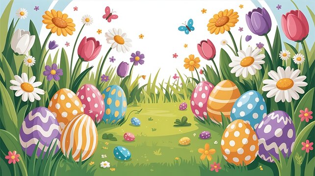 Colorful easter eggs in a field of flowers with butterflies and sunshine