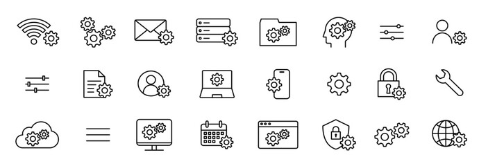 設定・setting・セッテイングの編集可能な線画アイコンセット
