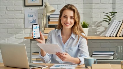 Smiling young businesswoman working at desk, holding smartphone with statistics app and paperwork, surrounded by laptop and office supplies in bright workspace, looking at camera. - Powered by Adobe