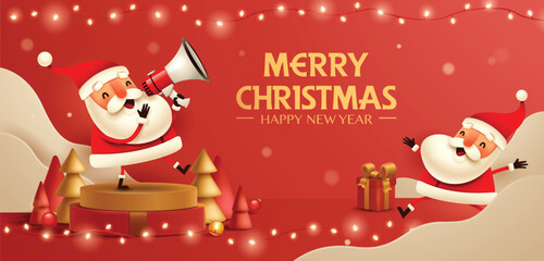 Santa Announcing Christmas Message with Megaphone on Red Festive Background