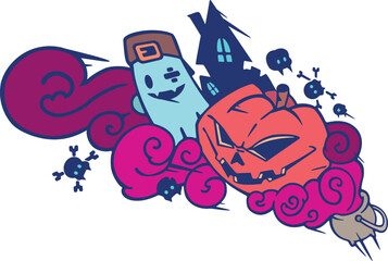 CAULDRON WITH PUMPKIN, GHOST, SKULL AND FLYING CASTLE INSIDE IN ACTION - HALLOWEEN