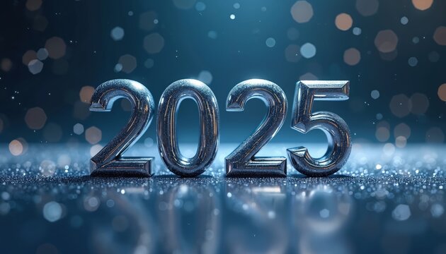 Shiny silver 3D numbers display year 2025. Futuristic design floats over dark blue background with sparkling lights. Represents future, progress, and new beginnings with a modern, sleek look.