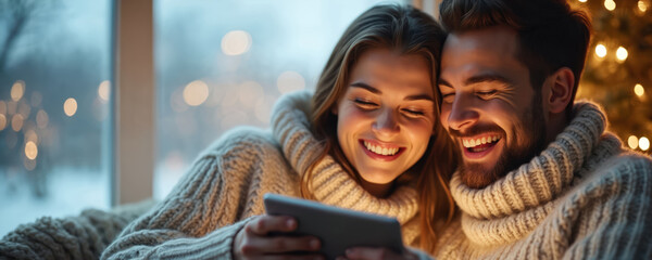 Couple share laugher watching a tablet on winter evening at home. Man and woman relax together wearing sweater near window and christmas lights. People use digital tech, enjoy leisure time.