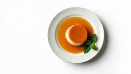 Creme caramel pudding on white plate isolated background. Top view of delicious flan with sweet sauce, mint garnish. Traditional creamy custard dessert from France, Spain Italy. Classic homemade