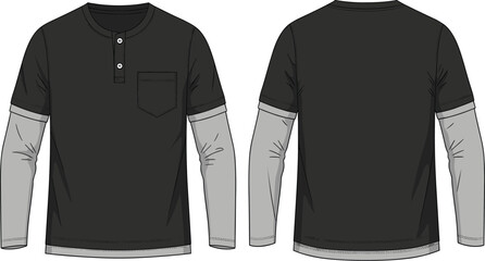 Modern layered long-sleeve Henley shirt design with contrasting colors, front pocket detail, buttoned placket, and full front-and-back technical illustration