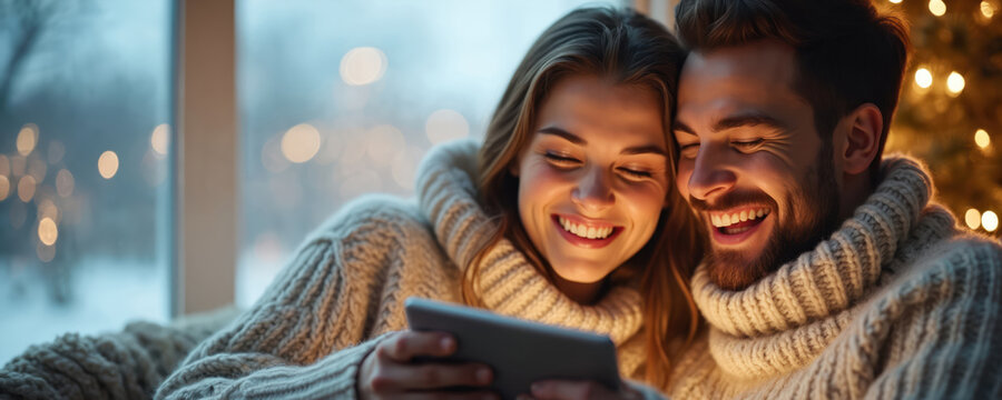Couple share laugher watching a tablet on winter evening at home. Man and woman relax together wearing sweater near window and christmas lights. People use digital tech, enjoy leisure time.