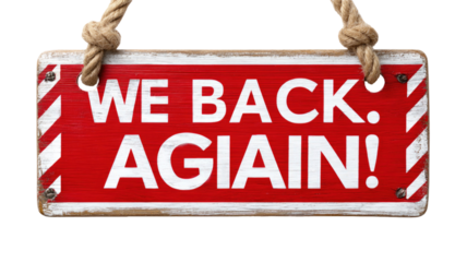  Red and white sign hanging from rope blank message board isolated on white background