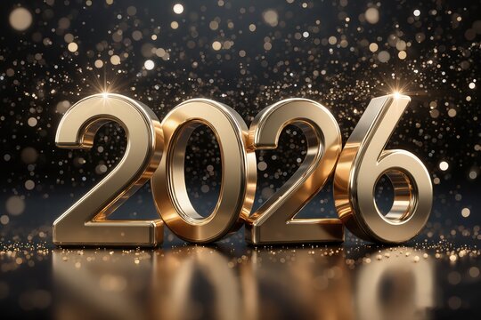 Golden 2026 numbers on reflective stage, luxurious gala centerpiece with glittering confetti and soft bokeh lights, metallic