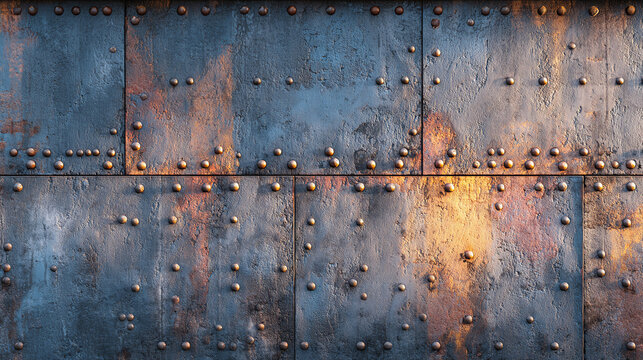 Weathered metal plates with rivets, creating an industrial, textured background. The image has a close-up, focusing on the details of the metal.