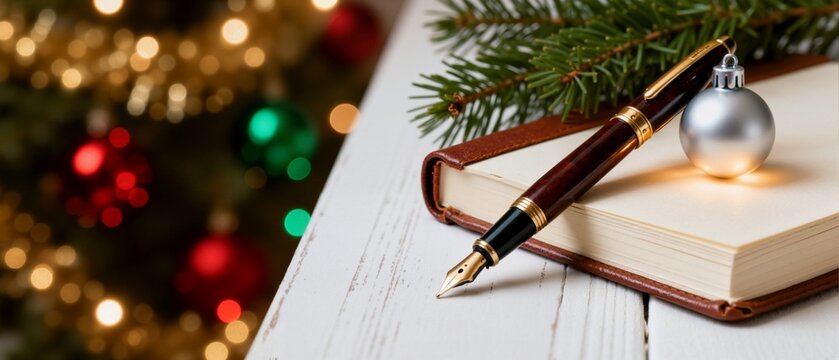 Festive Christmas still life with a fountain pen and journal on a white wooden table. Holiday writing concept with decorations and bokeh lights background. Banner with copy space - Powered by Adobe