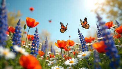 Monarch butterflies fly over vibrant wildflowers like poppies and daisies. Blue lupine blooms in a sunny meadow. Rich green grass surrounds colorful blossoms. Peaceful nature scene.