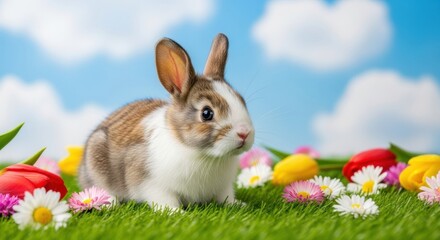 Adorable Bunny Surrounded by Spring Flowers and Blue Sky, Rabbit, Animal, Cute