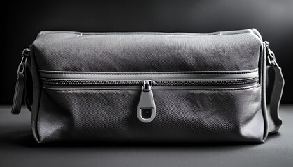 a closeup showcasing a gray pouch with a zipper on a black background it highlights the textured fabric and sleek design ideal for travel and everyday use