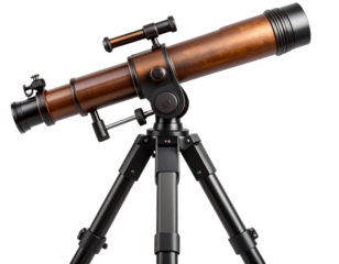 Side Angle View Brown Space-Gazing Telescope with Adjustable Black Tripod – Cutout PNG