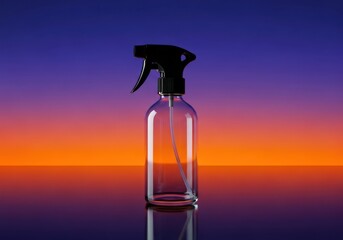 Clear Glass Spray Bottle with Trigger Nozzle Against Vibrant Sunset Gradient Background