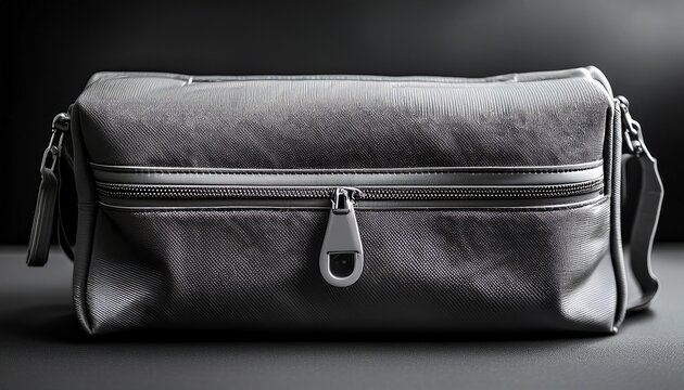 a closeup showcasing a gray pouch with a zipper on a black background it highlights the textured fabric and sleek design ideal for travel and everyday use