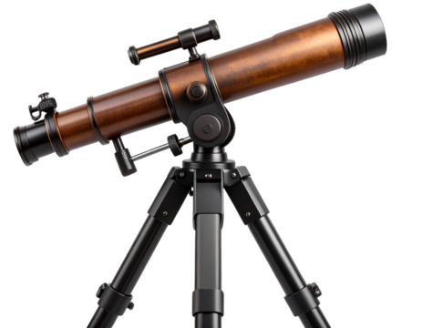 Side Angle View Brown Space-Gazing Telescope with Adjustable Black Tripod – Cutout PNG