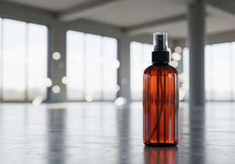 Amber Glass Spray Bottle in Modern Minimal Interior with Soft Natural Lighting