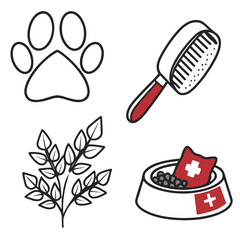 Veterinary care set isolated on with pet food and brush
