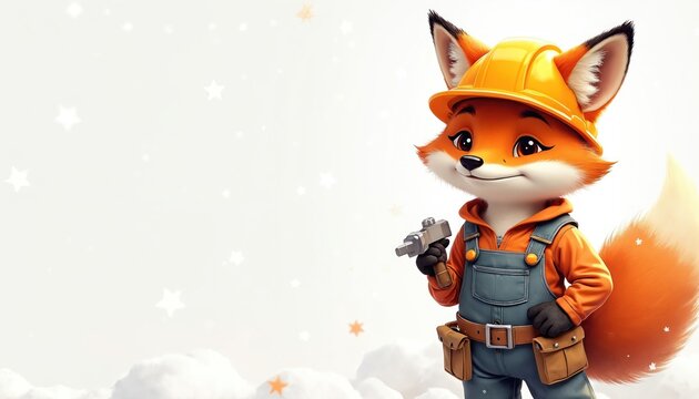 Friendly cartoon fox in construction worker outfit. Fox wears orange hard hat, blue overalls, tool belt. Fox holds drill, smiles. Soft watercolor style on white background with clouds and stars.