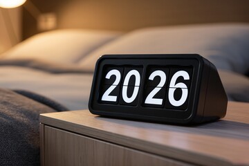 angled flip clock glowing 20:26 on bedside table, soft moody lighting and modern aesthetic, bold white numerals against black face