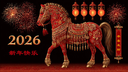 Chinese New Year 2026: Decorated Horse with Fireworks and Lanterns