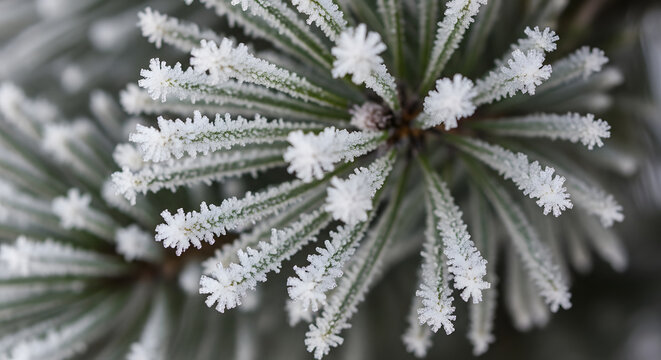 Close-up of frosted pine needles glistening in the winter cold, showcasing delicate ice crystals on evergreen foliage in a natural setting