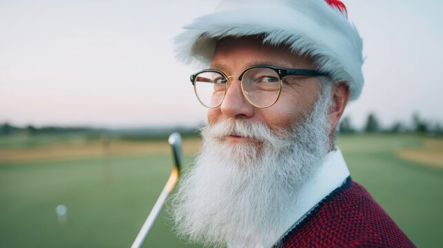 Senior Caucasian man with a white beard and glasses, wearing a Santa hat, smiles while holding a golf club on a golf course during sunset.