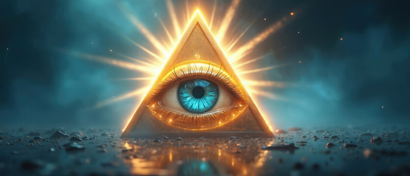 Glowing eye inside golden pyramid on textured surface. Eye shines brightly. Concept for occult, conspiracy theories, illuminati, spiritual awakening. Vision, mystery, powerful energy. Mystic concept