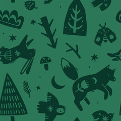 Forest stamp pattern. Folk seamless vector dark print with woodland animals and plants.