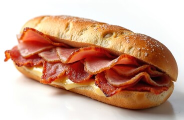 Savory sandwich packed with layers of cured meats like ham, salami, and bacon, plus melted cheese. Appetizing rustic meal perfect for quick lunch or hearty snack.