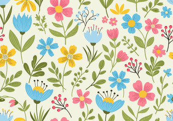 Seamless floral pattern with pink tulips and leaves in a decorative spring design