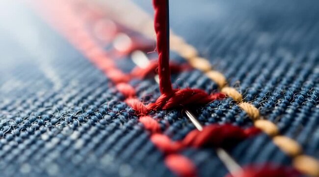 Macro stitching process on denim fabric with red thread, close-up sewing craftsmanship creating