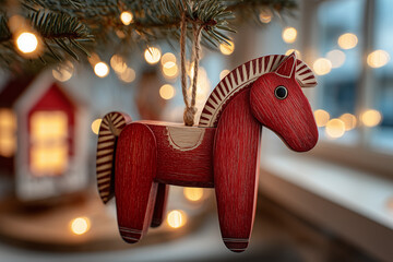 Red wooden horse ornament hanging from Christmas tree with bokeh lights