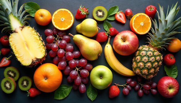 Assorted fresh fruits arranged on dark backdrop. Includes pineapple halves, apples, oranges, grapes, bananas, pears, kiwi slices, strawberries. Perfect for health food ads, recipes, healthy eating - Powered by Adobe